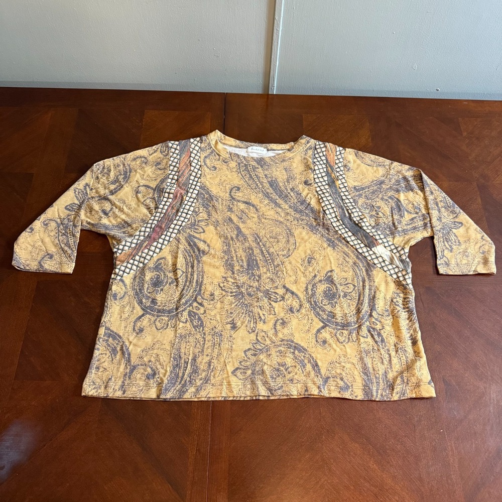 Bucket List Boho Paisley Print Top Mustard Brown 3/4 Sleeve Made‎ in USA L